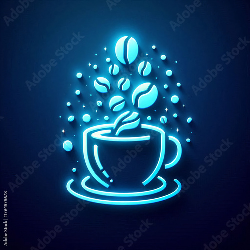 Neon cup of coffee on a gray background.