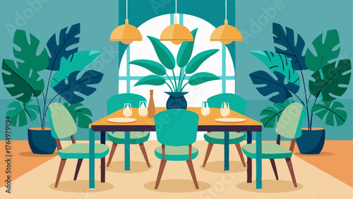 A dining room with a mix of tropical patterns on the chairs and a large leafy centerpiece on the table.