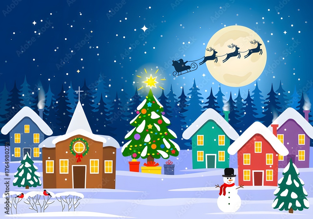 Fototapeta premium Colorful Christmas Village with Santa Flying Over Moonlit Sky Illustration