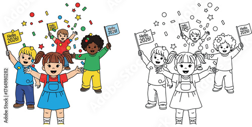 Cheerful Diverse Kids Celebrate New Year 2026 with Flags and Confetti - Happy Children Welcoming the Future