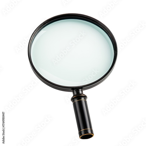 A realistic, shiny, magnifying glass with a black handle on a black background