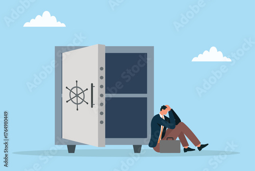 Vector illustration of a businessman sitting sadly beside an open empty vault, symbolizing financial loss, bankruptcy, or business failure with a concept of economic downturn or crisis
