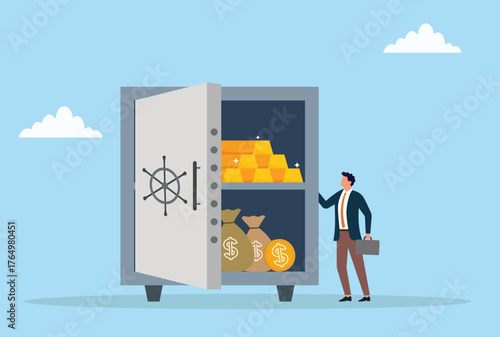 Vector illustration of a businessman standing beside an open vault filled with gold bars and money bags, symbolizing wealth, financial success, savings, investment, and economic prosperity
