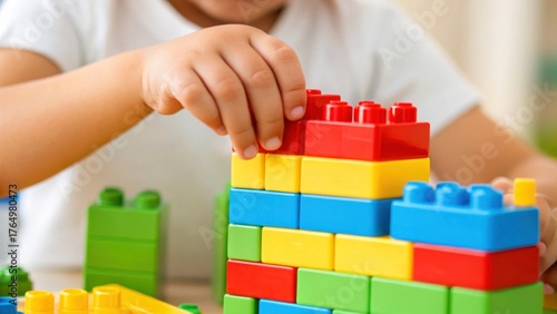 Skill working hand concept. Child building with colorful blocks, enhancing creativity and fine motor skills.
