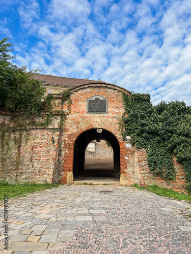 Old brick entrance to Spilberk Castle with blue sky in Brno, Czech Republic stock photo