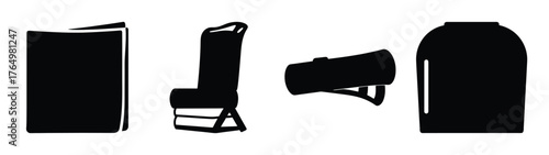 Minimalist black silhouettes of essential items including a book boot handgun and backpack for everyday objects