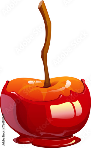 Cartoon red caramel apple Halloween sweet. Vector sugary dessert on a wooden stick, coated with shiny toffee and sugar glaze. Apple snack for holiday celebration and children party