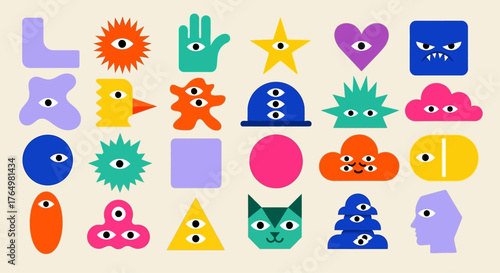 Vibrant collection of abstract geometric shapes and quirky cartoon characters with surreal eyes, a modern flat vector design set