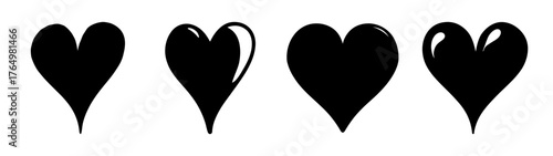 Four distinctive hand drawn black heart shapes symbols of love affection romance artistic design elements icons and graphics