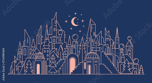 A magical fantasy kingdom at night, depicted in a minimalist pink line art style on a dark blue background