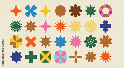 A vibrant and bold collection of retro geometric shapes, including stars, flowers, and abstract symbols in a flat design style