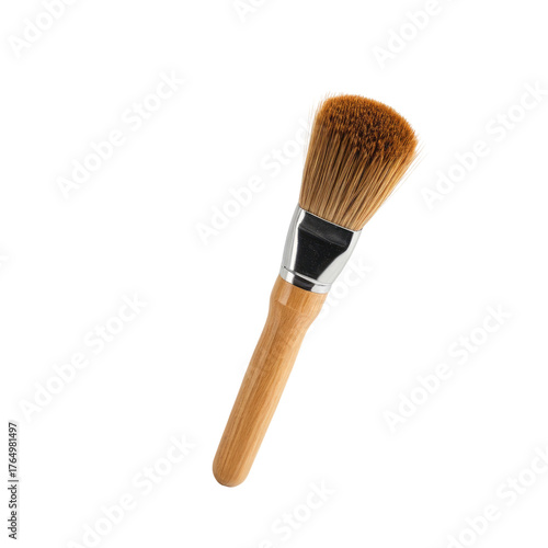 Cosmetic brush with wooden handle, bristles, and metal ferrule
