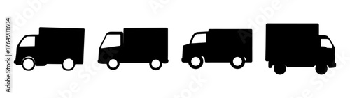 Four distinct delivery truck vehicle silhouettes representing logistic transport and urban cargo shipping services for businesses