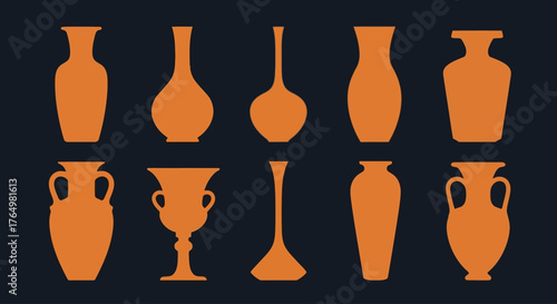A curated collection of ten ancient pottery silhouettes, featuring various classic Greek and Roman vase shapes