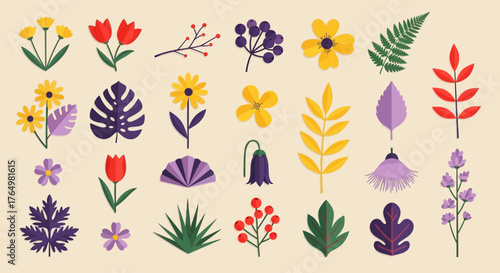 A curated collection of modern flat design botanical illustrations, featuring a variety of stylized flowers, leaves, and plants for graphic design