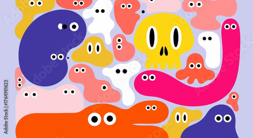 Creative graphic illustration of assorted funny cartoon germs, blobs, and a spooky cute skull on a purple background