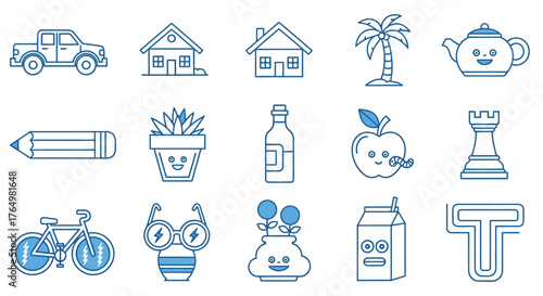 Creative set of modern blue line art icons with cute faces, a versatile collection of graphic design elements