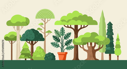 A diverse collection of stylized flat design trees and plants arranged in a forest landscape illustration