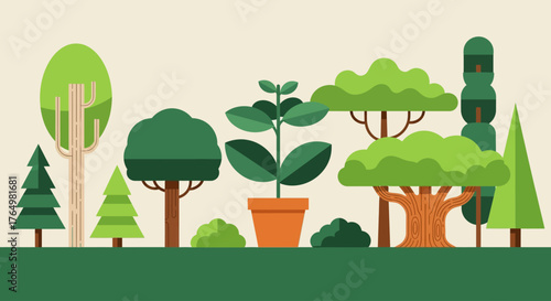 A flat vector illustration showcasing a diverse collection of trees and a central potted plant, symbolizing nature, growth, and ecology