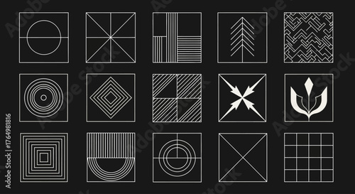 Set of modern geometric icons and abstract symbols. Minimalist line art collection for futuristic technology and graphic design concepts