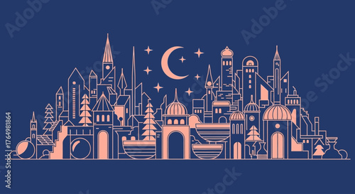 Minimalist line art illustration of a magical fantasy cityscape panorama under a starry night sky with a crescent moon