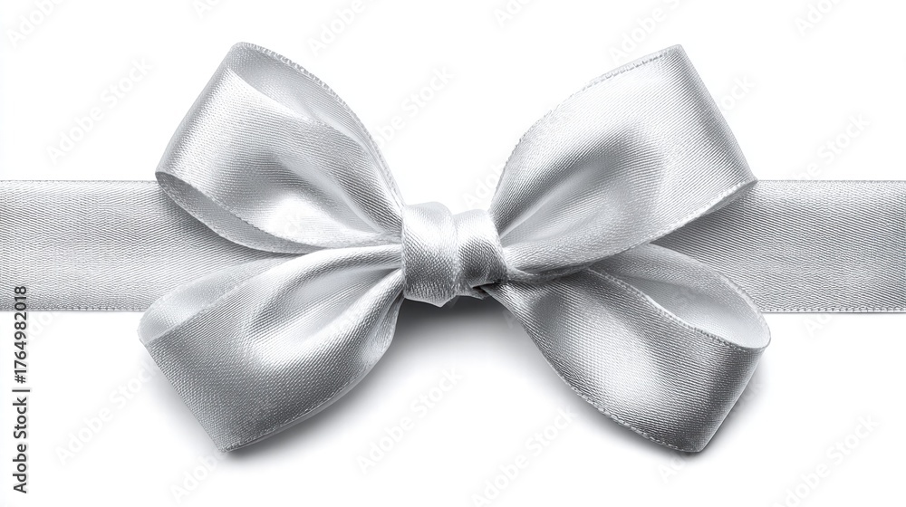 Naklejka premium Elegant silver satin bow with ribbon on a clean white background, perfect for gifts.