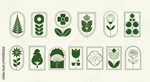 Set of minimalist geometric botanical icons. Modern folk art style green plant and flower illustrations