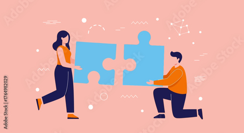 Collaboration and synergy concept with two people joining jigsaw puzzle parts together