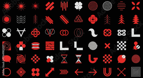 Abstract geometric vector icon set with bold brutalist symbols and minimalist shapes for modern design