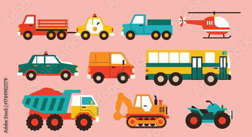 Vibrant set of flat design vehicle illustrations for kids, featuring a variety of cars, construction trucks, and aircraft