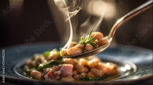 Rising steam and rosemary sprig evoke clarity, ritual, and editorial depth in comfort food storytelling. Beans, meat, and greens highlight warmth, texture, and rustic indulgence.