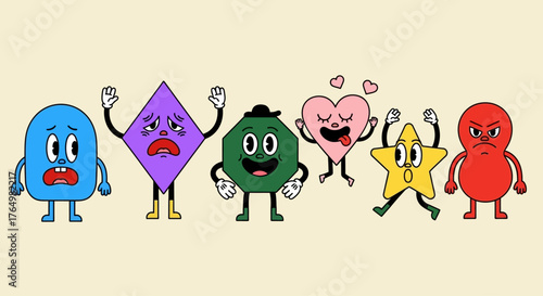 Vibrant collection of retro cartoon mascots displaying a wide spectrum of emotions from happy to angry