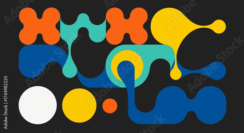 Modern graphic design featuring a vibrant and playful composition of flowing organic liquid shapes and bold geometric forms