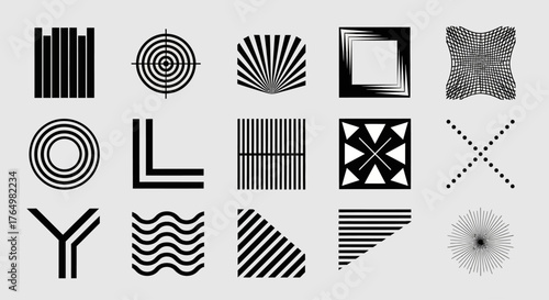 Generative art collection of monochrome geometric shapes. A bold set of abstract brutalist forms, digital symbols, and minimalist icons