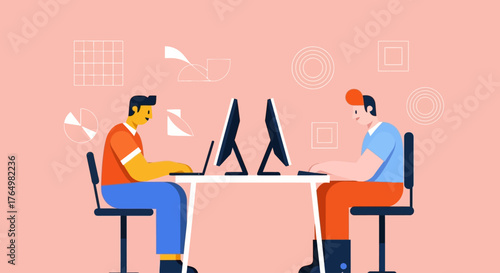 Vector illustration of two young male colleagues working together on computers in a modern creative office environment