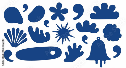 A versatile set of bold abstract organic shapes in solid blue. Hand-drawn minimalist icons and blob elements for modern graphic design projects