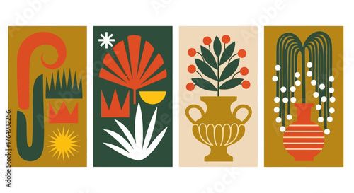 A vibrant collection of four modern abstract botanical illustrations inspired by mid-century folk art and stylized nature elements