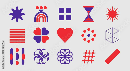 A modern collection of universal basic figures and abstract symbols, featuring bold geometric shapes in a retro brutalist design style