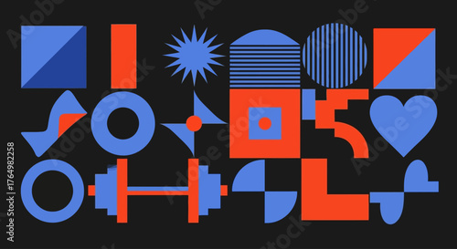 Bold geometric pattern with abstract shapes, dumbbell, and heart icons. Modern digital art for health and fitness concepts