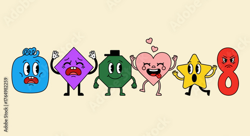 A vibrant collection of diverse retro cartoon characters, including geometric shapes and a number, showcasing a wide range of emotions