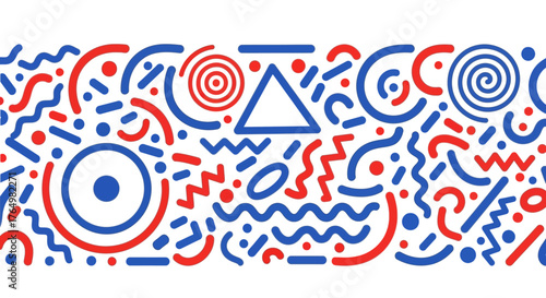 Abstract retro geometric background with vibrant red and blue shapes, a seamless pattern inspired by 80s and 90s design