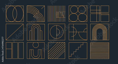 A versatile collection of abstract geometric icons and logos. Minimalist linear design elements with squares, circles, and arches