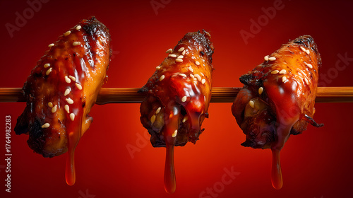 Dripping glaze and sesame garnish evoke clarity, ritual, and editorial depth in culinary storytelling. Red backdrop and suspended wings highlight flavor, tension, and visual drama.