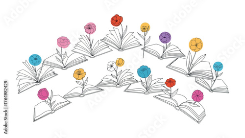 Bloom from Knowledge: A whimsical illustration showcases open books sprouting colorful flowers, symbolizing the growth of knowledge and creativity. 