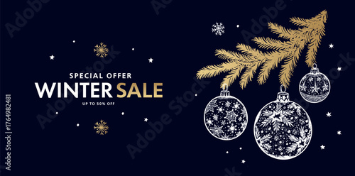 Winter sale, Christmas tree and star set on black, Hand drawn illustration.	
