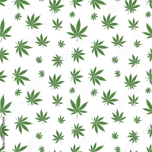 Abstract botanical illustration of green cannabis and hemp leaves in a seamless repeating pattern on a white background