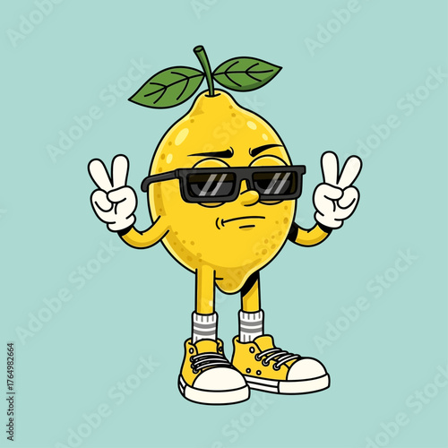 Cool lemon cartoon character with sunglasses and sneakers making a peace sign gesture. A fun and quirky vector fruit mascot illustration