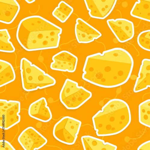 A vibrant and seamless pattern of cartoon-style Swiss cheese wedges and blocks on a bright orange background for culinary design