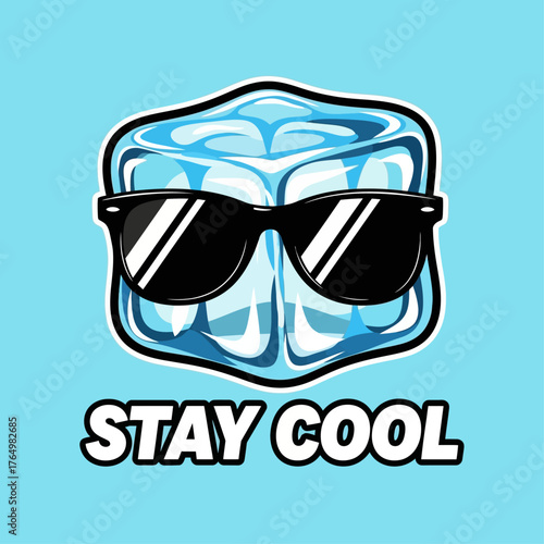 A vector graphic illustration of a cool ice cube mascot wearing black sunglasses. The typography \"Stay Cool\" is featured in this fun summer-themed design