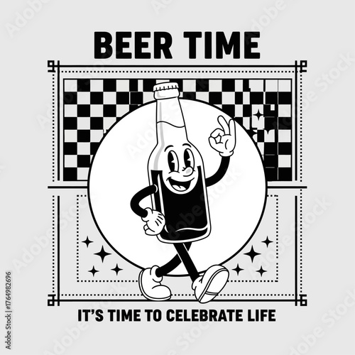 Vintage walking beer bottle character in a classic retro cartoon style. A monochrome illustration of a happy beverage mascot for celebration